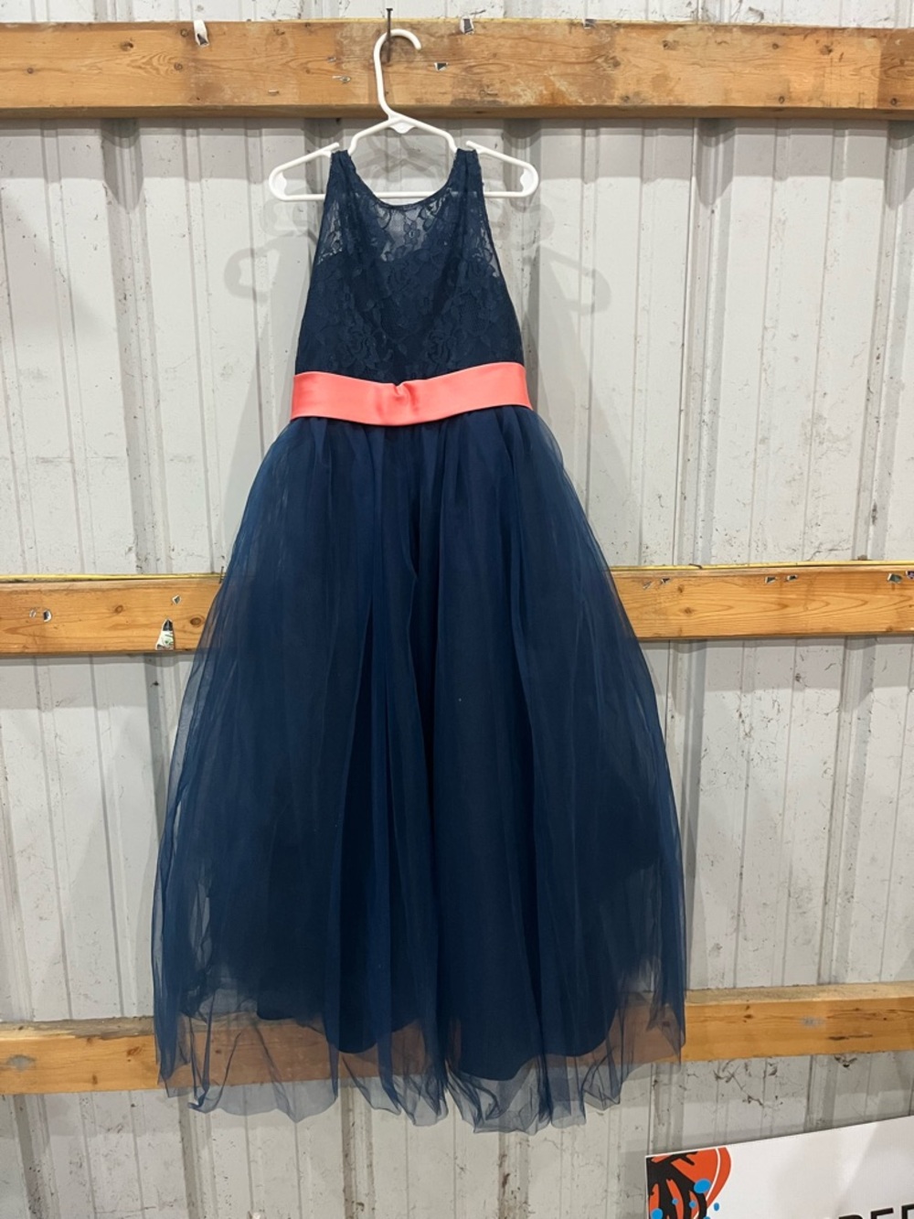 Navy Lace Tulle Flower Girl Dress with Coral Sash